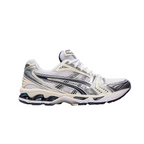 JeevzPlug ASICS Gel-Kayano 14 sneaker in white and midnight navy with metallic silver accents and mesh upper.