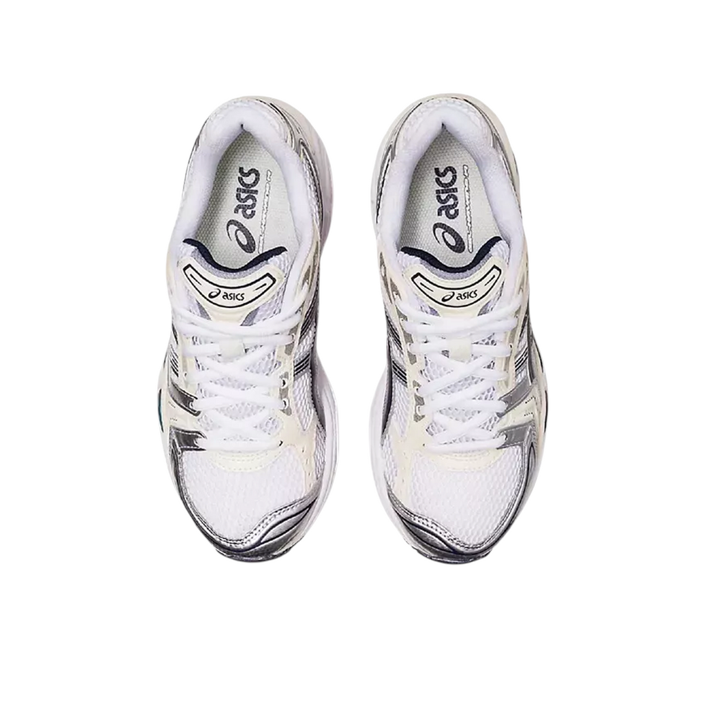 JeevzPlug ASICS Gel-Kayano 14 White Midnight women's sneakers with white mesh and navy accents, top-down view.