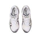 JeevzPlug ASICS Gel-Kayano 14 White Midnight women's sneakers with white mesh and navy accents, top-down view.