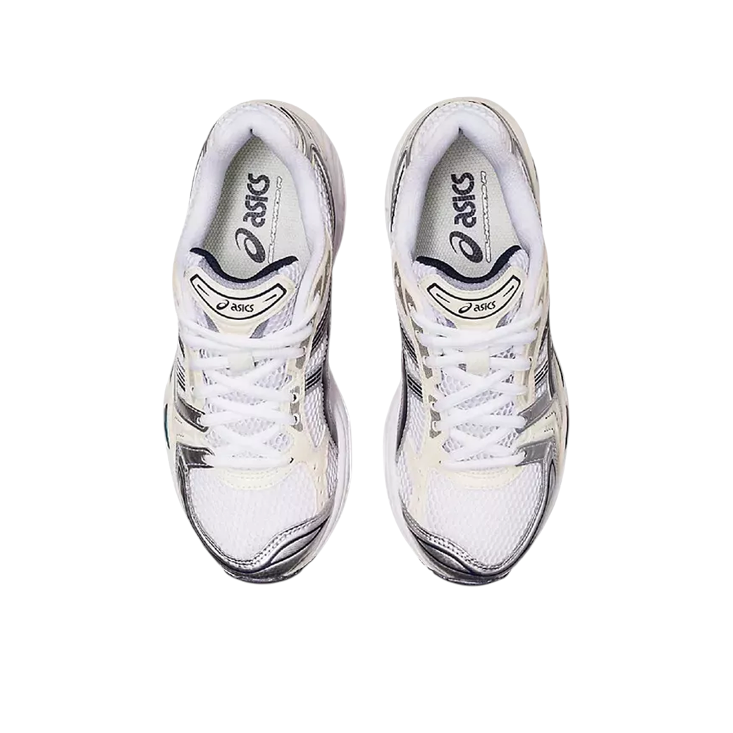 JeevzPlug ASICS Gel-Kayano 14 White Midnight women's sneakers with white mesh and navy accents, top-down view.