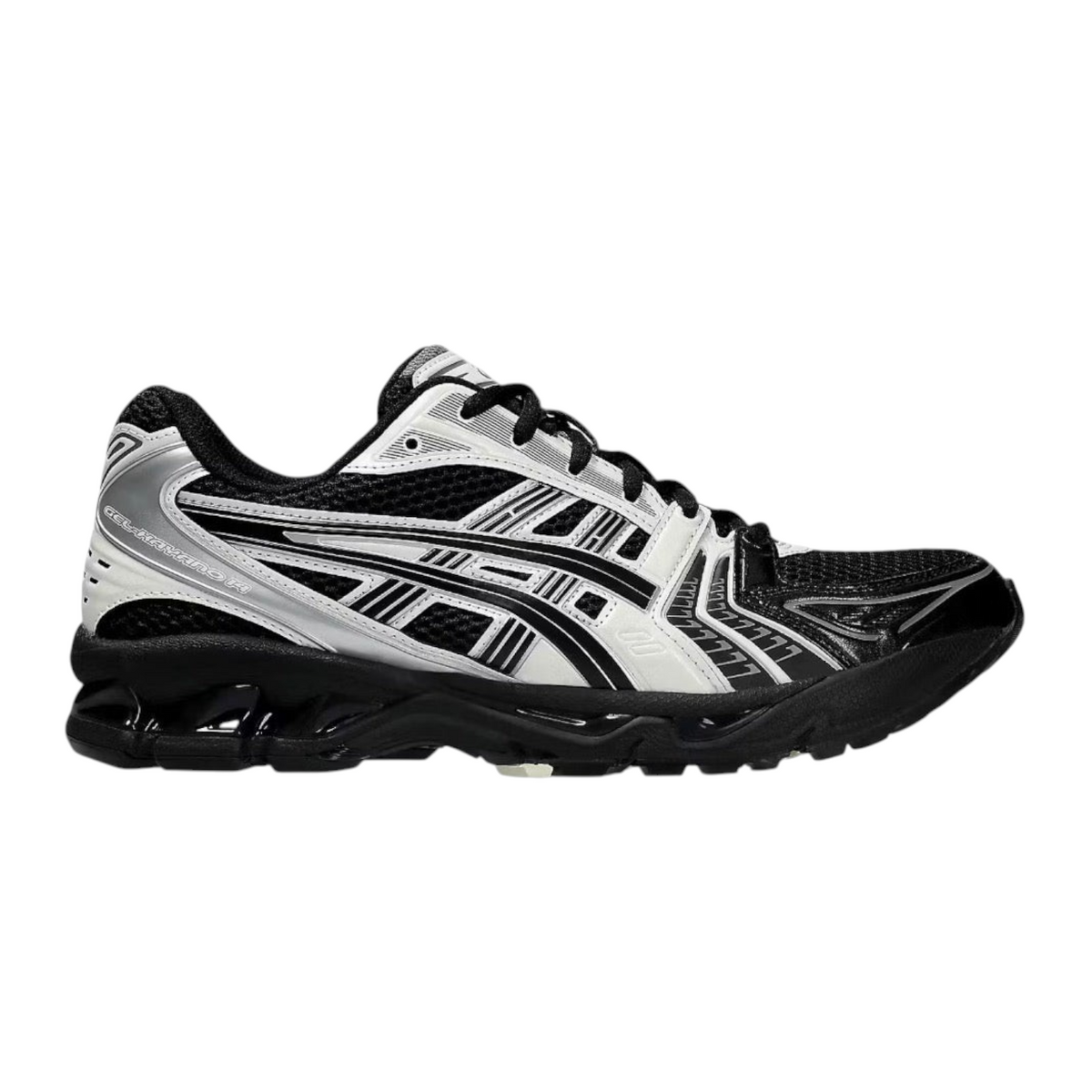 JeevzPlug Asics Gel Kayano 14 running shoe in black and cream with mesh upper and metallic silver accents