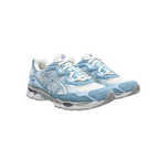 JeevzPlug ASICS Gel-NYC sneakers in cream and arctic sky blue with mesh and suede overlays on a white background