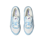 JeevzPlug ASICS Gel-NYC sneakers in cream and arctic sky blue with purple branding, top-down view.