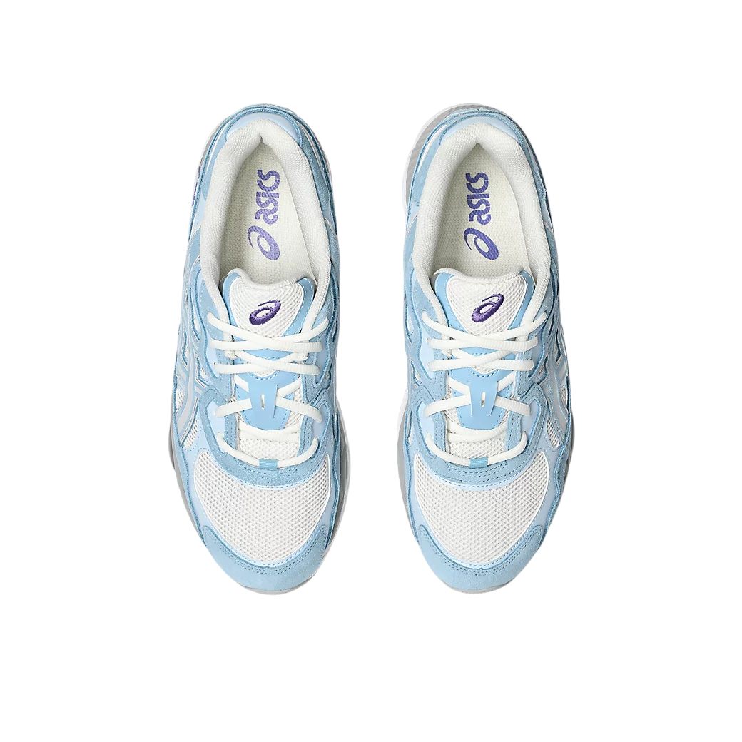 JeevzPlug ASICS Gel-NYC sneakers in cream and arctic sky blue with purple branding, top-down view.
