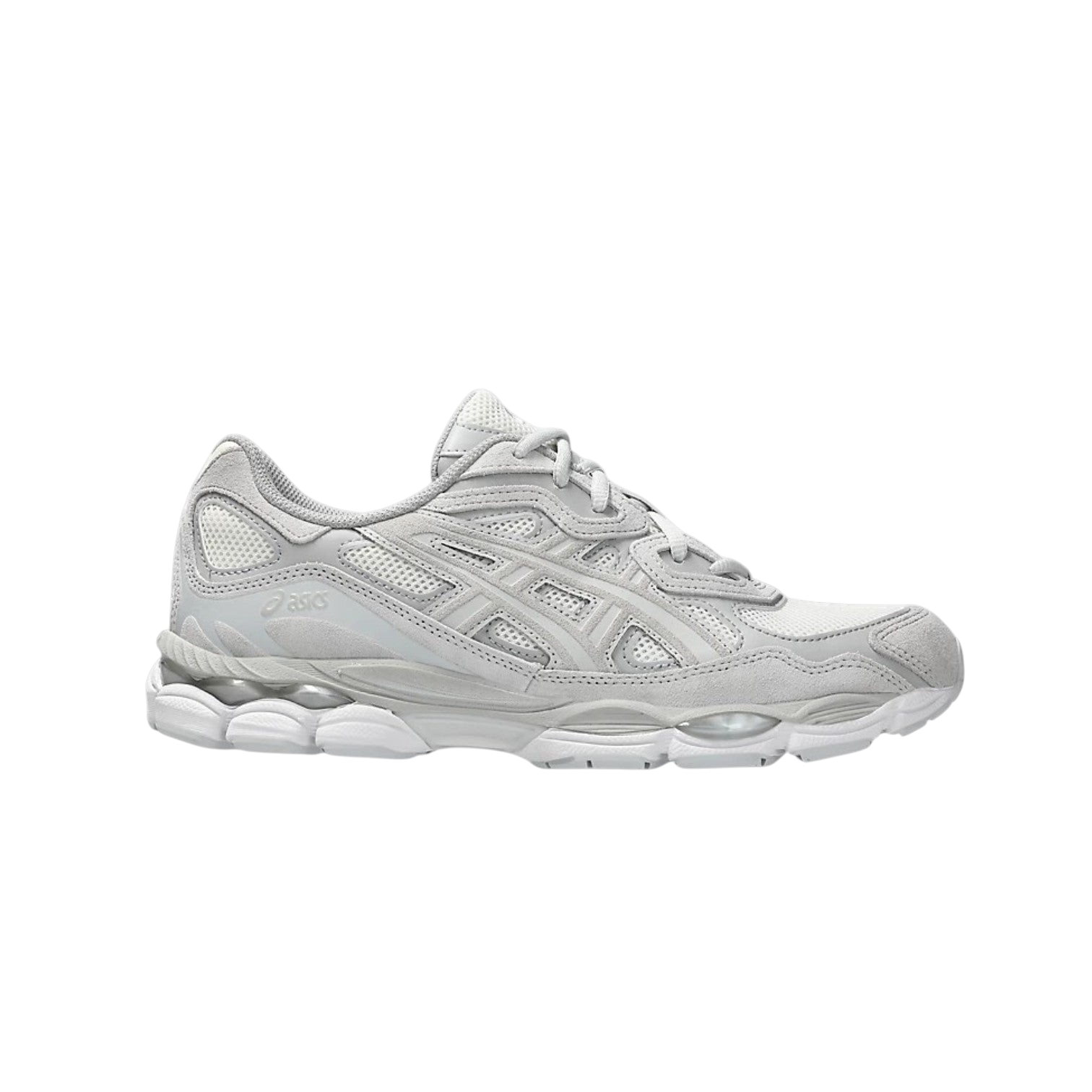 JeevzPlug ASICS Gel-NYC sneaker in cream and cloud grey with breathable mesh and leather overlays on a white background