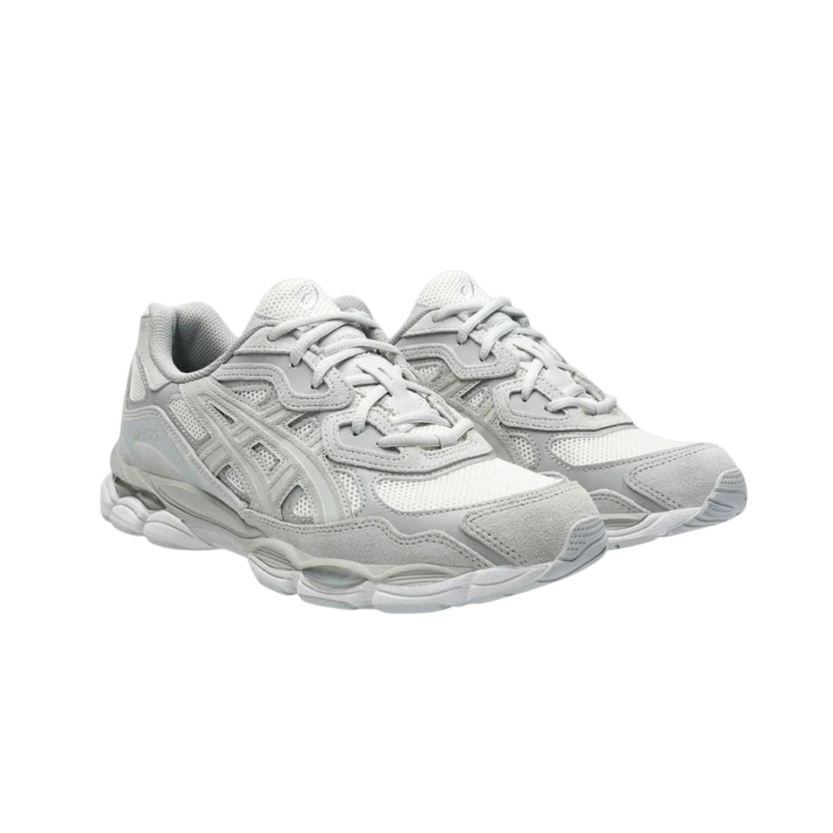 JeevzPlug ASICS Gel-NYC sneakers in cream and cloud grey with breathable mesh and leather overlays.
