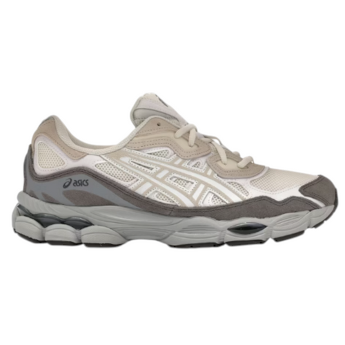 JeevzPlug Asics Gel NYC sneaker in cream white and grey with mesh and suede panels, side profile view.