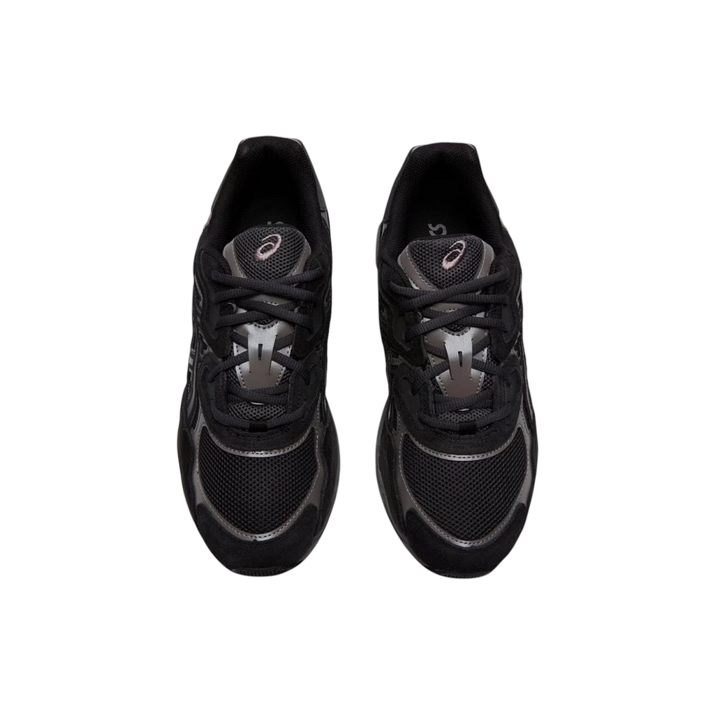 JeevzPlug ASICS Gel-NYC sneakers in graphite grey and black with mesh and synthetic leather upper, top-down view.