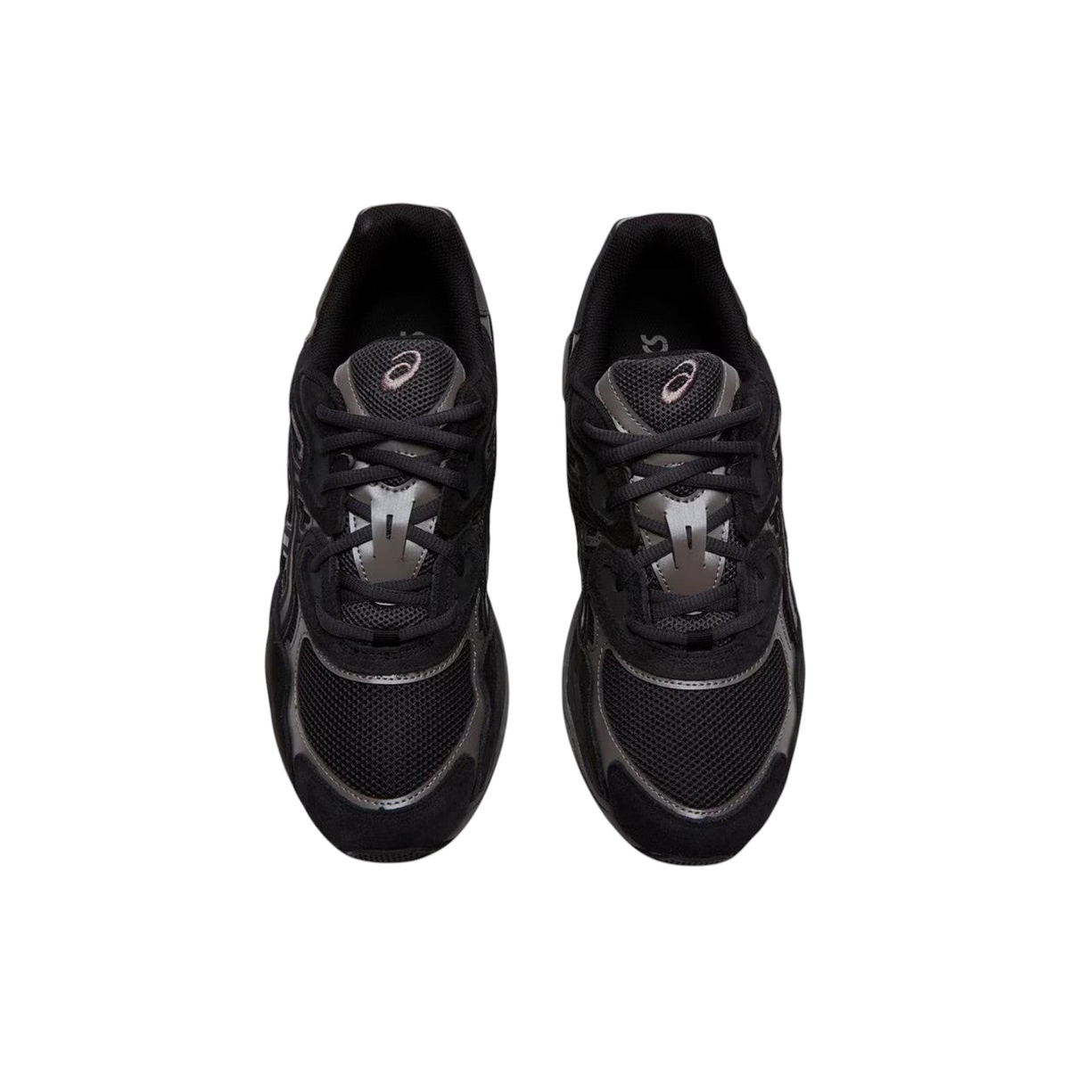 JeevzPlug ASICS Gel-NYC sneakers in graphite grey and black with mesh and synthetic leather upper, top-down view.