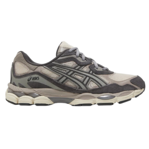 JeevzPlug Asics Gel NYC sneakers in oatmeal and obsidian grey with mesh and suede layered upper