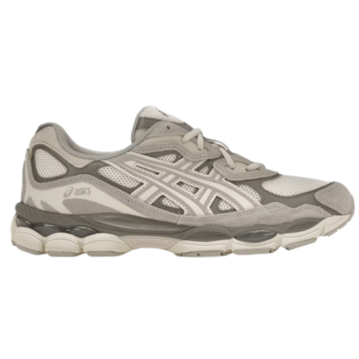 JeevzPlug Asics Gel NYC sneaker in Oyster Grey featuring mesh and suede panels with signature side stripes