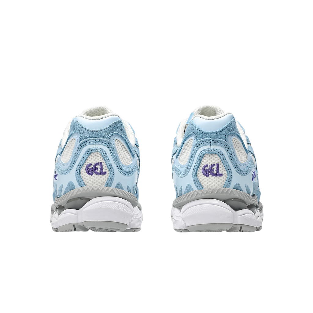 Rear view of JeevzPlug ASICS Gel-NYC sneakers in cream, arctic sky blue, and grey with purple GEL branding.