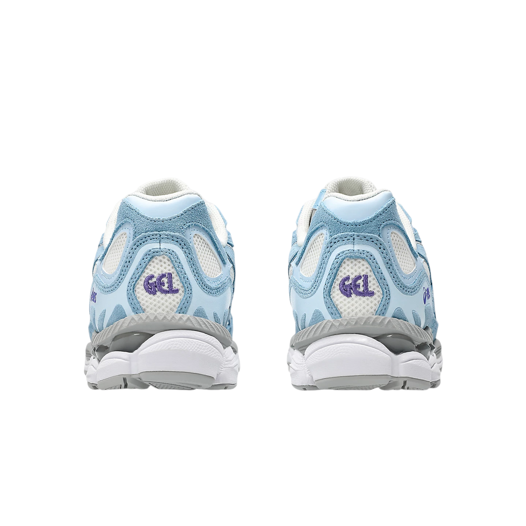 Rear view of JeevzPlug ASICS Gel-NYC sneakers in cream, arctic sky blue, and grey with purple GEL branding.