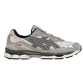 JeevzPlug Asics Gel NYC sneaker in white and steel grey with mesh and suede panels, side profile view.