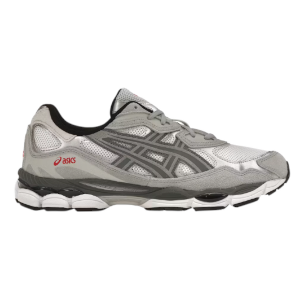 JeevzPlug Asics Gel NYC sneaker in white and steel grey with mesh and suede panels, side profile view.