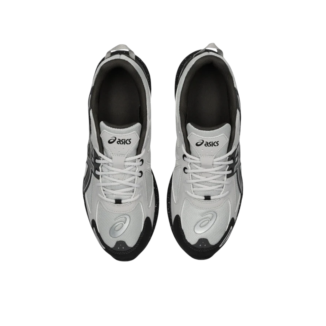 JeevzPlug ASICS Gel-Venture 6 trail running shoes in glacier grey and black with breathable mesh and GEL cushioning.
