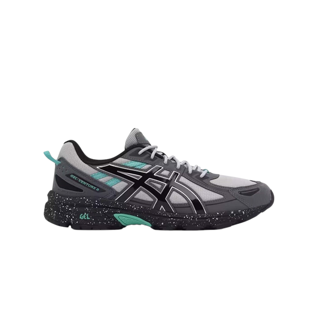 JeevzPlug ASICS Gel-Venture 6 trail running shoe in mid grey and black with teal accents and speckled midsole