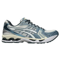 JeevzPlug Asics Kayano 14 running shoe in cream and raw indigo with mesh upper and metallic accents