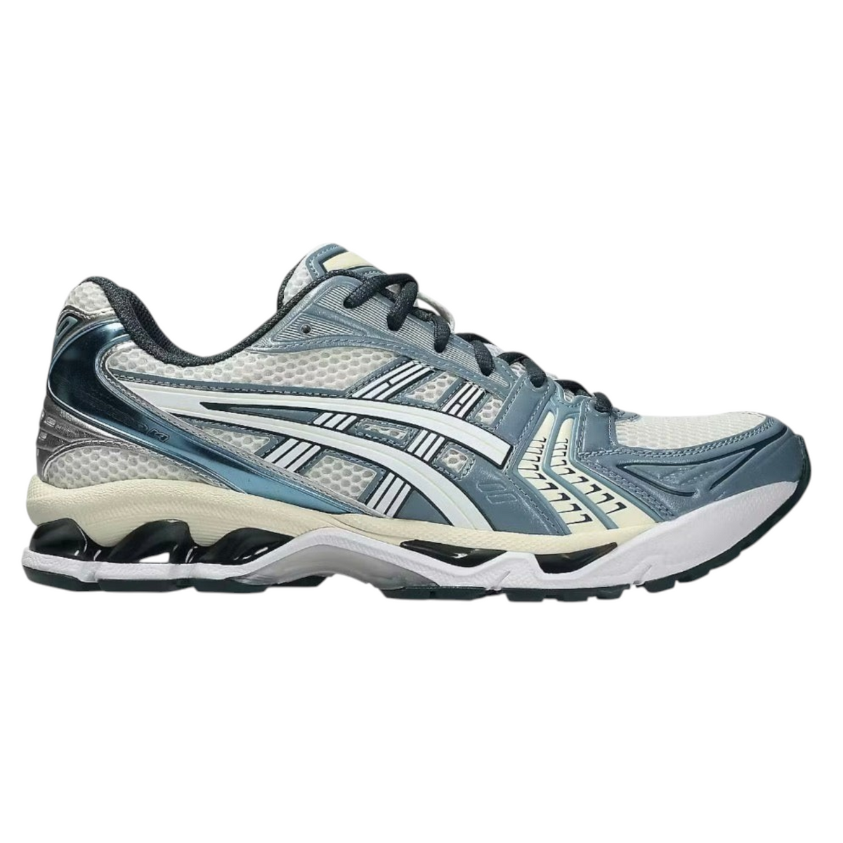 JeevzPlug Asics Kayano 14 running shoe in cream and raw indigo with mesh upper and metallic accents