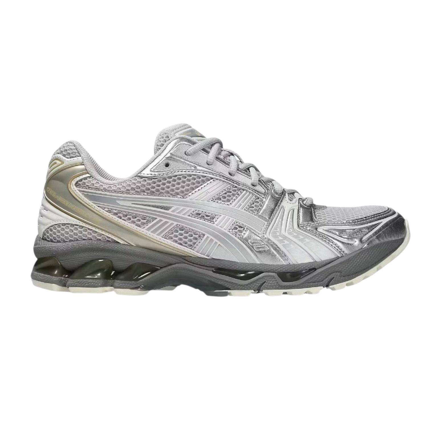 JeevzPlug Asics Kayano 14 sneaker in concrete and pure silver with metallic mesh and synthetic overlays