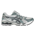 JeevzPlug Asics Kayano 14 running shoe in white and fjord grey with metallic silver accents and mesh upper