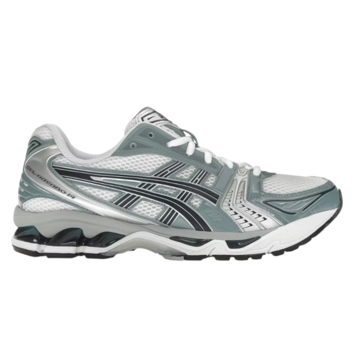 JeevzPlug Asics Kayano 14 running shoe in white and fjord grey with metallic silver accents and mesh upper