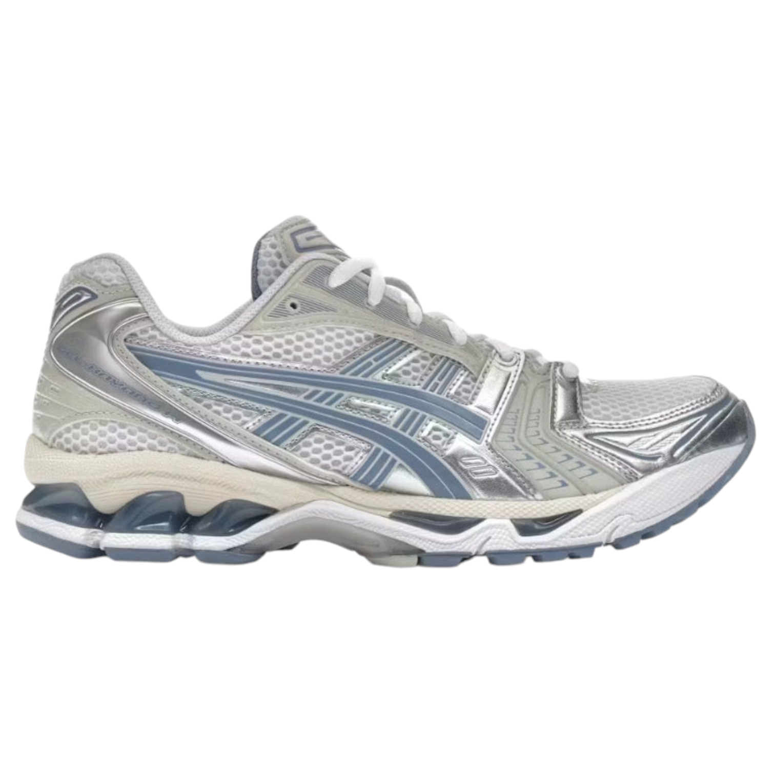 JeevzPlug Asics Kayano 14 running shoe in white and light navy with metallic silver accents and mesh detailing.
