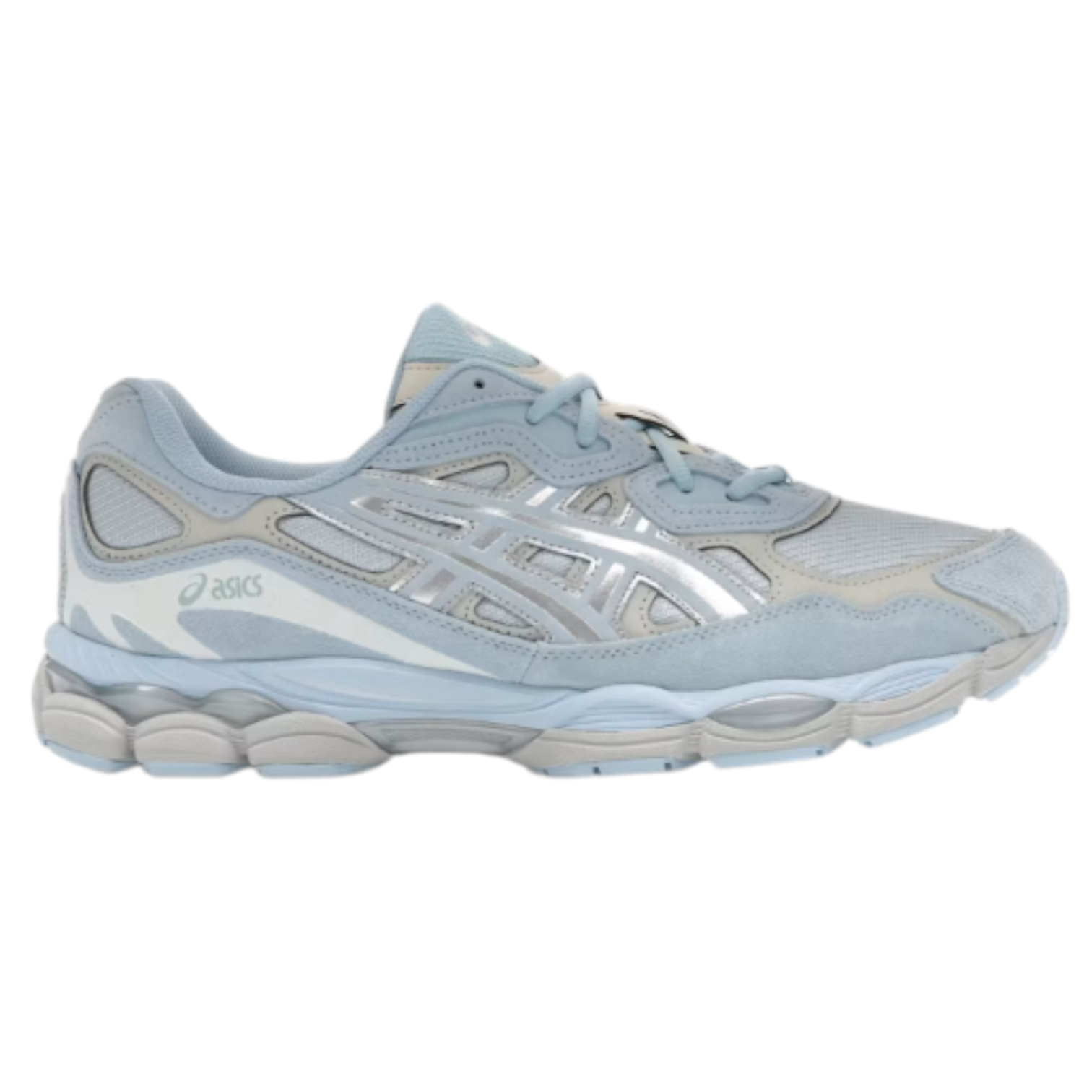 JeevzPlug Asics NYC Storm Cloud Pure Silver sneaker in light blue mesh and suede with metallic silver accents