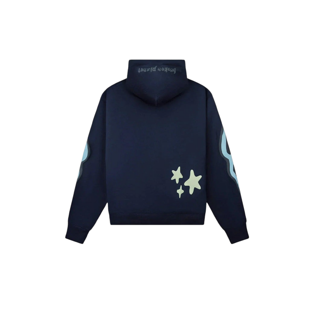 JeevzPlug Broken Planet Astral Energy hoodie in navy cotton with star graphics and hood logo on a red background