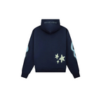 JeevzPlug Broken Planet Astral Energy hoodie in navy cotton with star graphics and hood logo on a red background
