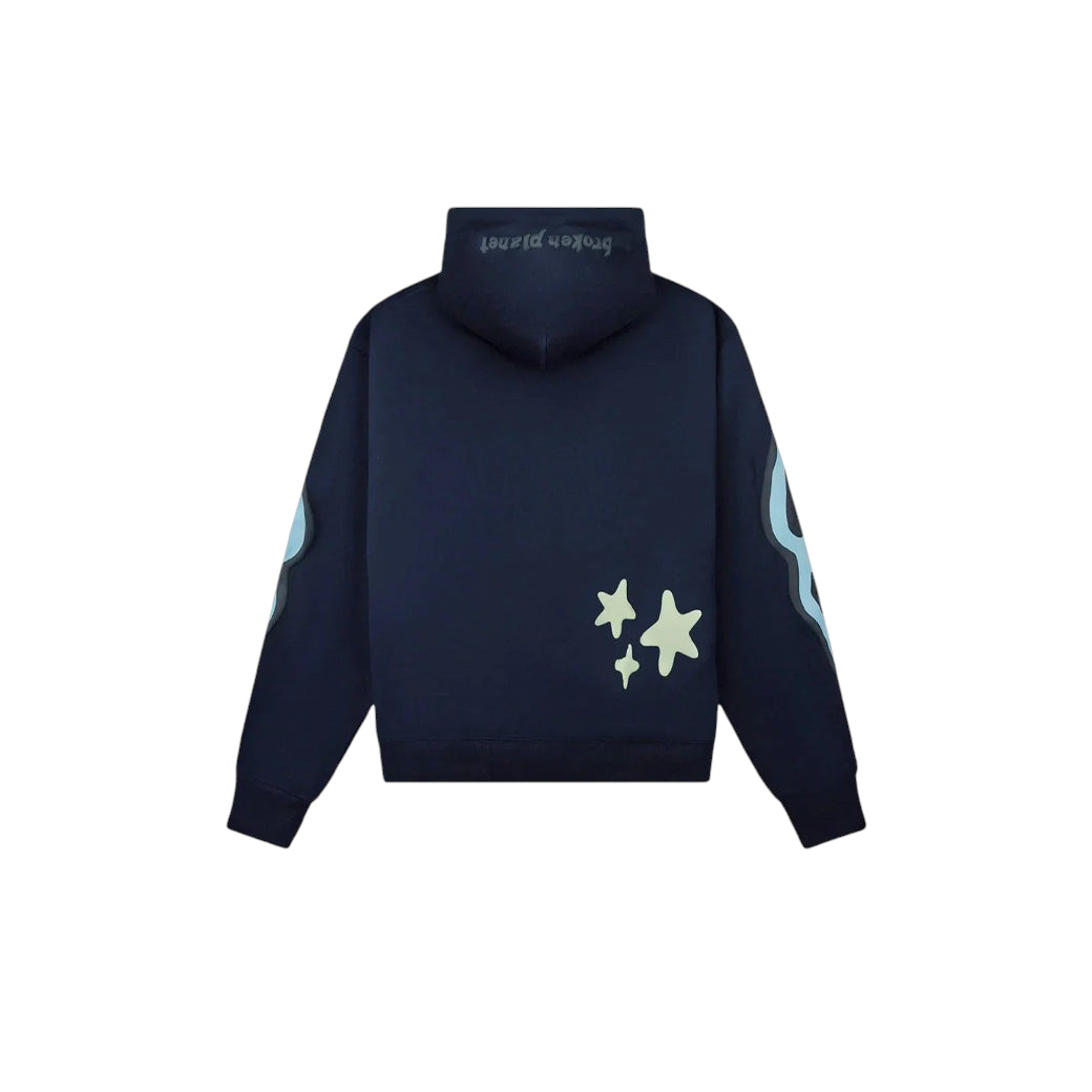 JeevzPlug Broken Planet Astral Energy hoodie in navy cotton with star graphics and hood logo on a red background