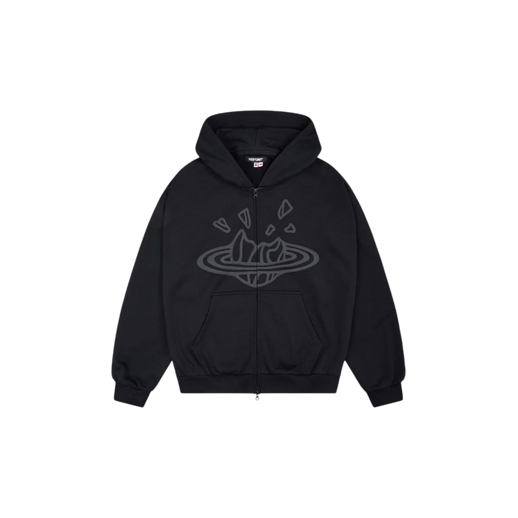 JeevzPlug Broken Planet zip-up hoodie in midnight black with a signature graphic print and relaxed fit.
