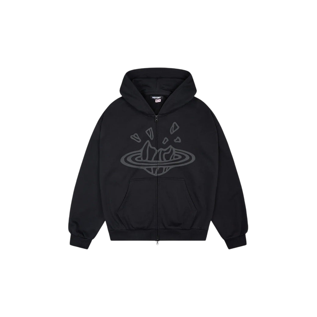 JeevzPlug Broken Planet zip-up hoodie in midnight black with a signature graphic print and relaxed fit.