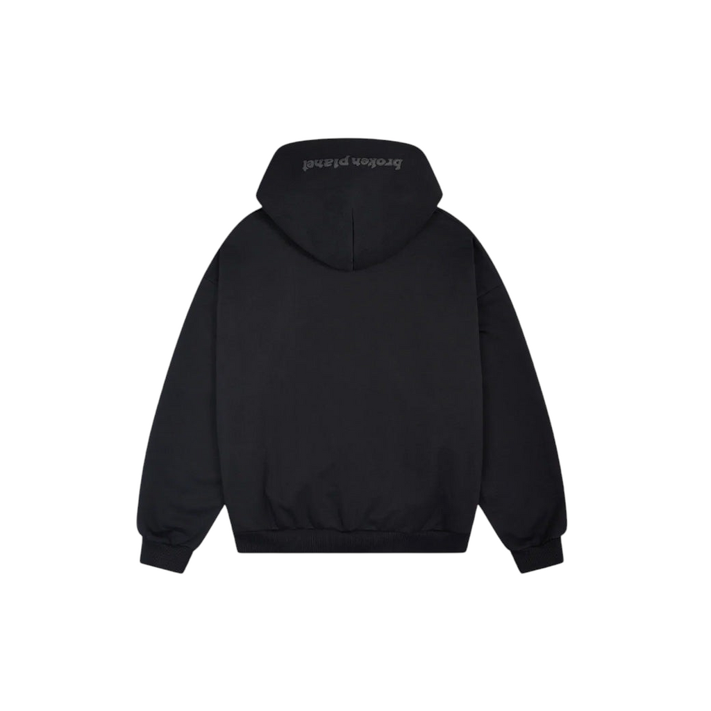 JeevzPlug Broken Planet zip-up hoodie in midnight black with logo embroidery on the hood, back view
