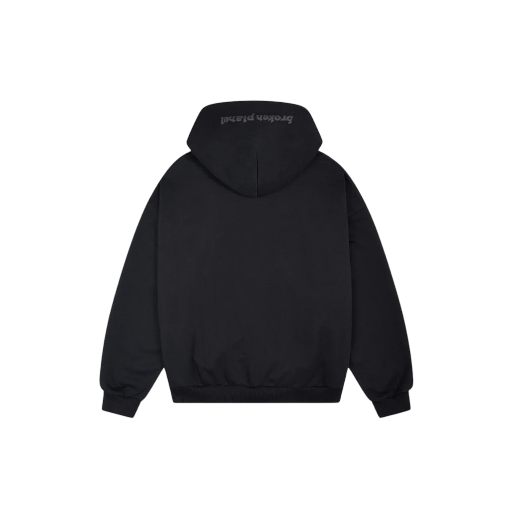 JeevzPlug Broken Planet zip-up hoodie in midnight black with logo embroidery on the hood, back view