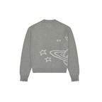 JeevzPlug Broken Planet heather grey knit sweatshirt with white planet and star graphic on the back