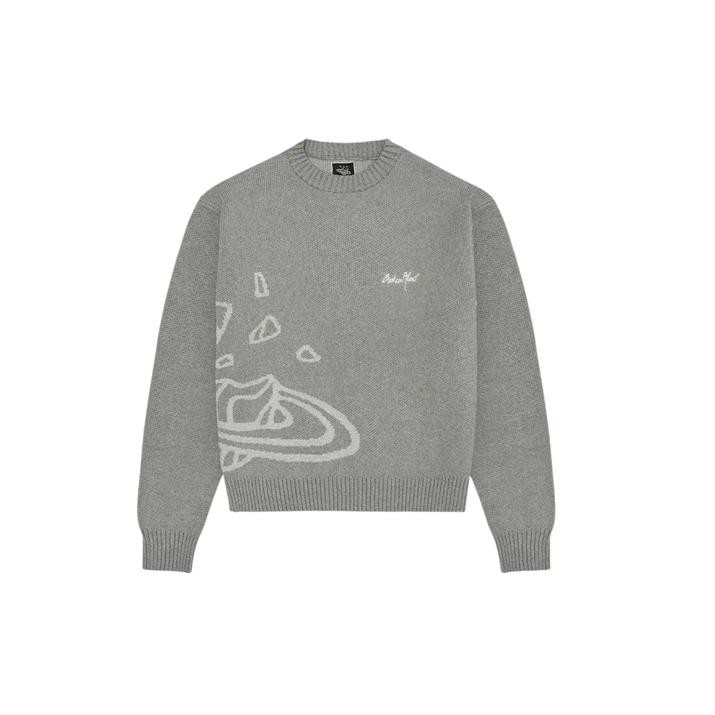 JeevzPlug Broken Planet heather grey knit sweatshirt with white planet graphic and script logo on chest