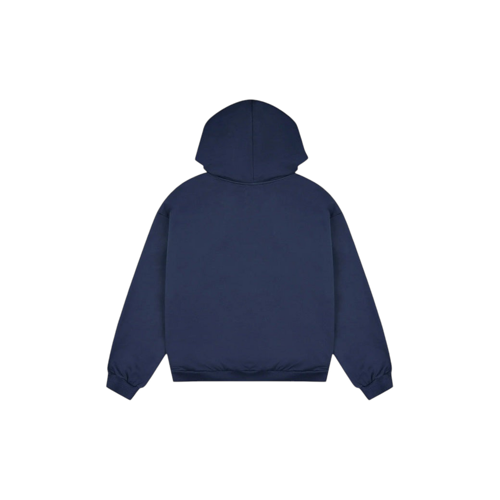 Back view of a JeevzPlug Broken Planet deep navy heavyweight cotton zip-up hoodie with an adjustable hood.