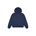 Back view of a JeevzPlug Broken Planet deep navy heavyweight cotton zip-up hoodie with an adjustable hood.