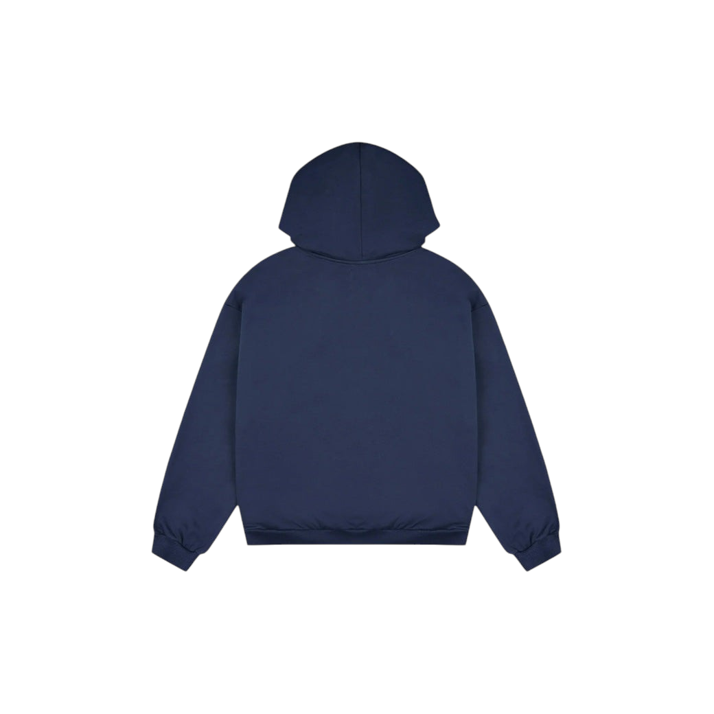 Back view of a JeevzPlug Broken Planet deep navy heavyweight cotton zip-up hoodie with an adjustable hood.