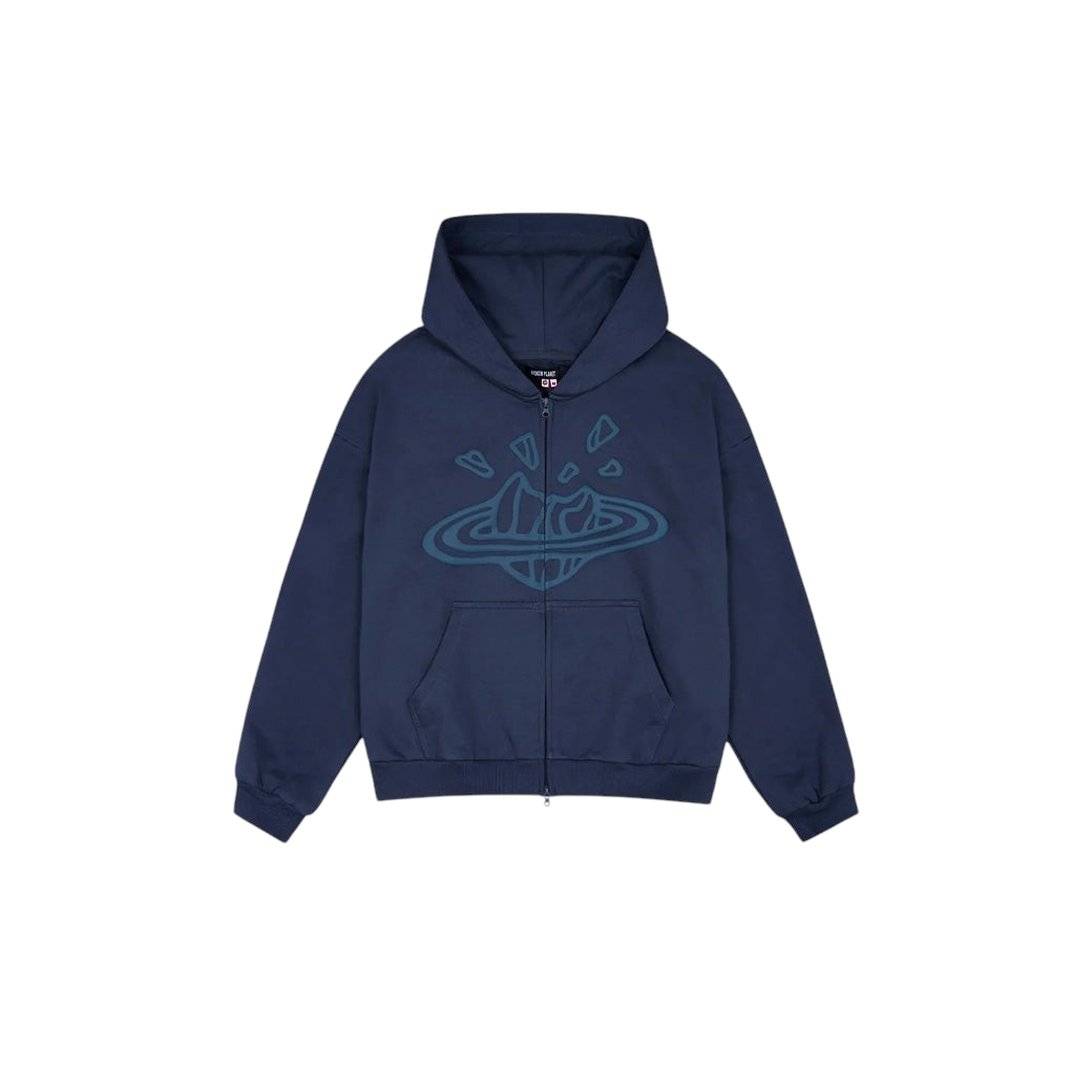 JeevzPlug Broken Planet deep navy heavyweight cotton zip-up hoodie with front graphic and kangaroo pockets