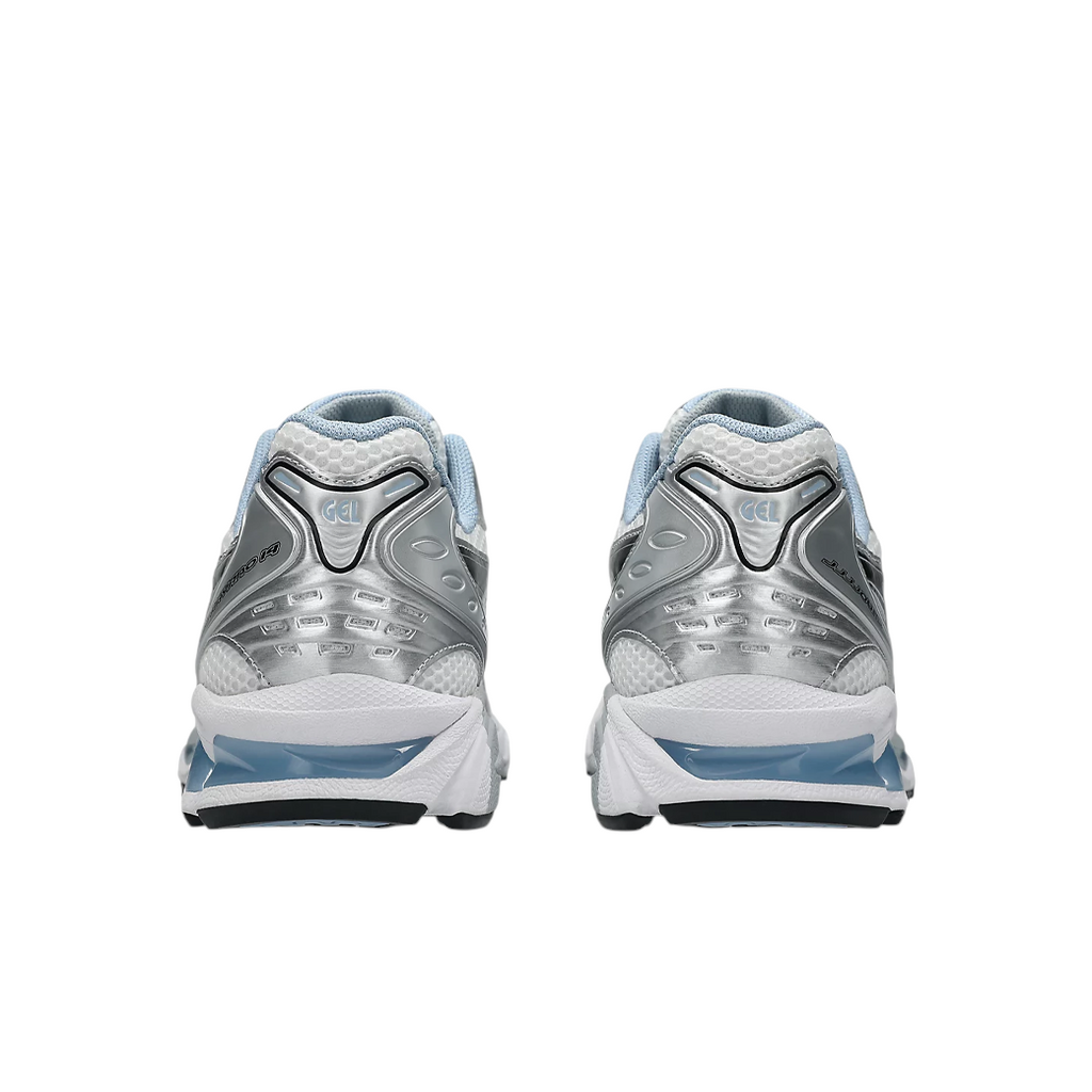 JeevzPlug JJJJound x ASICS Gel-Kayano 14 sneakers in white, metallic silver, and blue, rear view showing GEL cushioning.