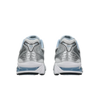 JeevzPlug JJJJound x ASICS Gel-Kayano 14 sneakers in white, metallic silver, and blue, rear view showing GEL cushioning.