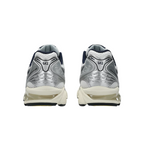 Rear view of JeevzPlug JJJJound x ASICS Gel-Kayano 14 White Midnight sneakers showing metallic silver heel details