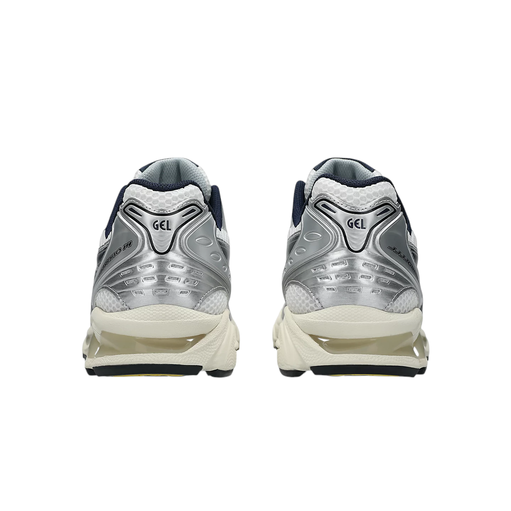 Rear view of JeevzPlug JJJJound x ASICS Gel-Kayano 14 White Midnight sneakers showing metallic silver heel details