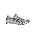 JeevzPlug JJJJound x ASICS Gel-Kayano 14 sneaker in white, metallic silver, and blue with mesh and synthetic overlays