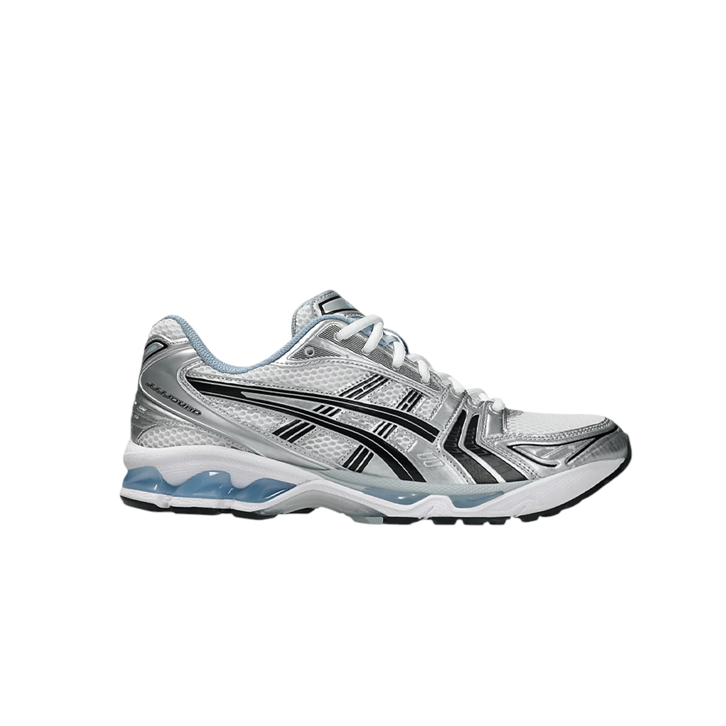JeevzPlug JJJJound x ASICS Gel-Kayano 14 sneaker in white, metallic silver, and blue with mesh and synthetic overlays