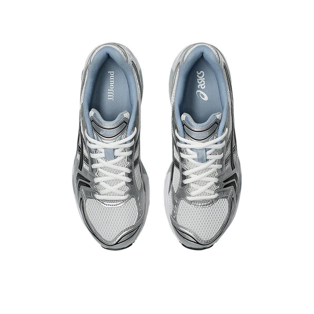JeevzPlug JJJJound x ASICS Gel-Kayano 14 sneakers in white, metallic silver, and baby blue, top-down view.