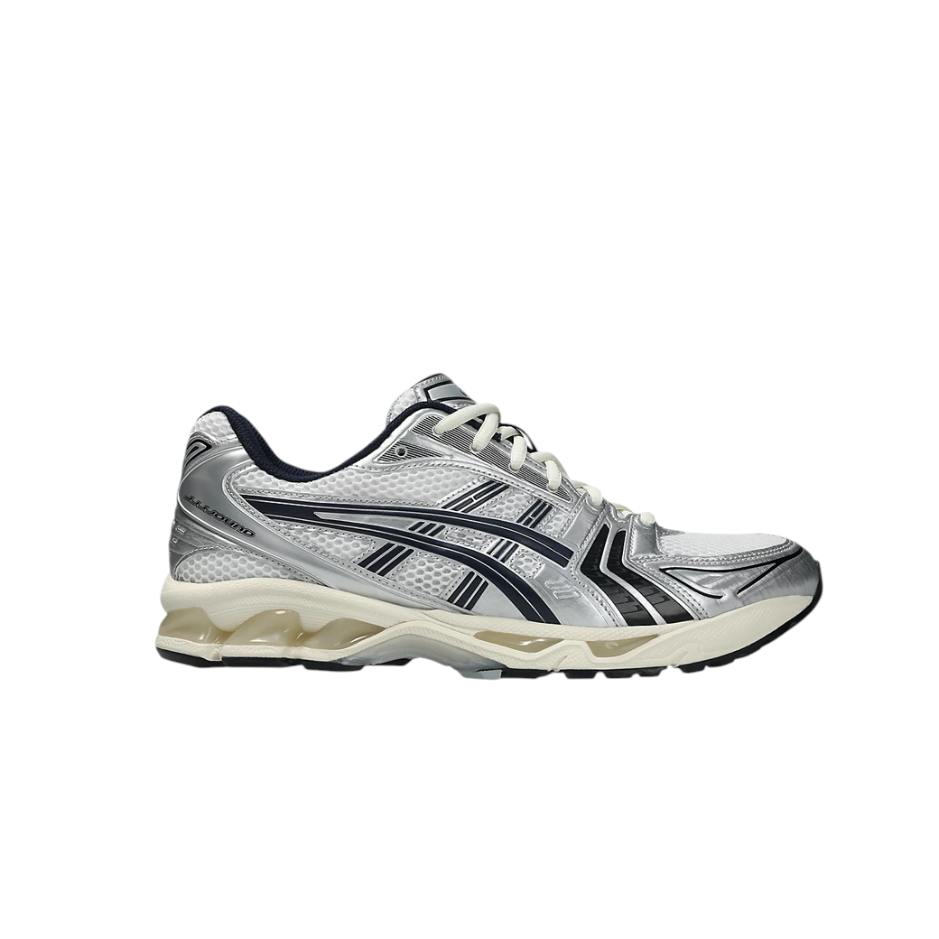 JeevzPlug JJJJound x ASICS Gel-Kayano 14 sneaker in white and midnight navy with metallic silver accents