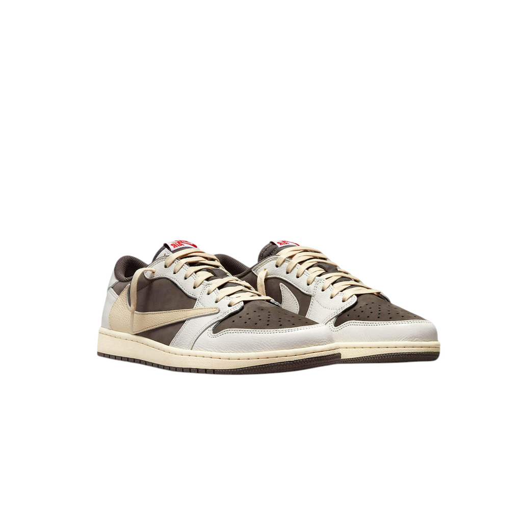 JeevzPlug Nike Air Jordan 1 Low Travis Scott Reverse Mocha sneakers with brown suede, ivory leather, and reverse Swoosh.
